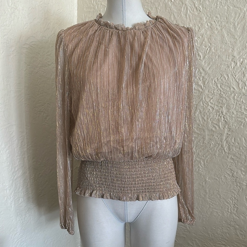 Joie High Neck Smocked Long Sleeve Top Champagne Pink Silver Gold Blouse Shirt L
